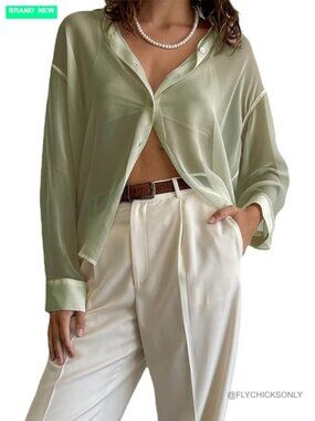 Sheer Button Up Mesh Blouse Y2K Long Sleeve Lapel V Neck See Through Top